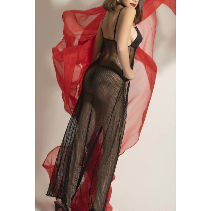 Transparan Fileli Uzun Babydoll Takım,Dantel Detaylı Gecelik,Tanga,Boyunluk 3lü Set