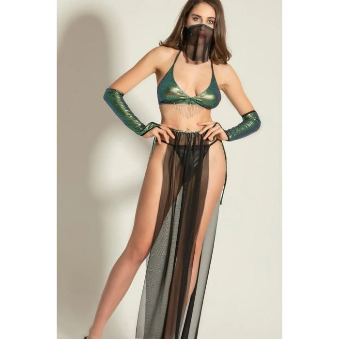 Transparan Tül Fantazi Kostüm Dansöz Kostümü Seksi Sahne Kostümü-İç Giyim Takım-Festival Elbise