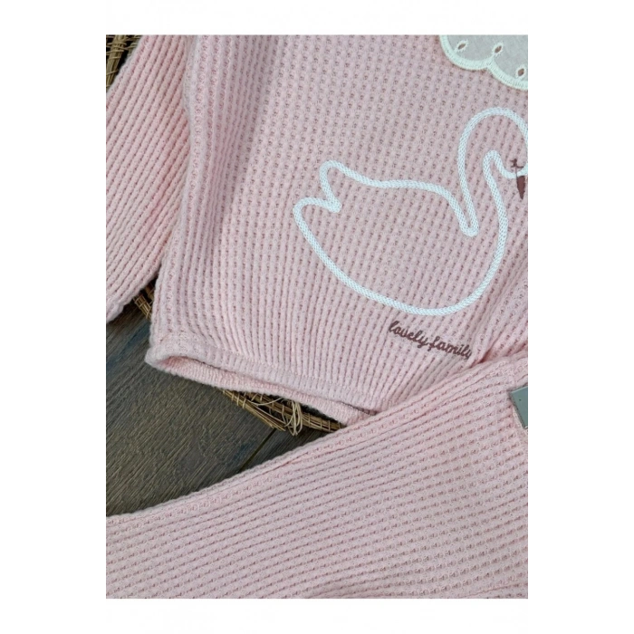 Triko Pudra pembe süzene nakışlı yaka güpürlü ispanyol paça pamuklu kız bebek takım