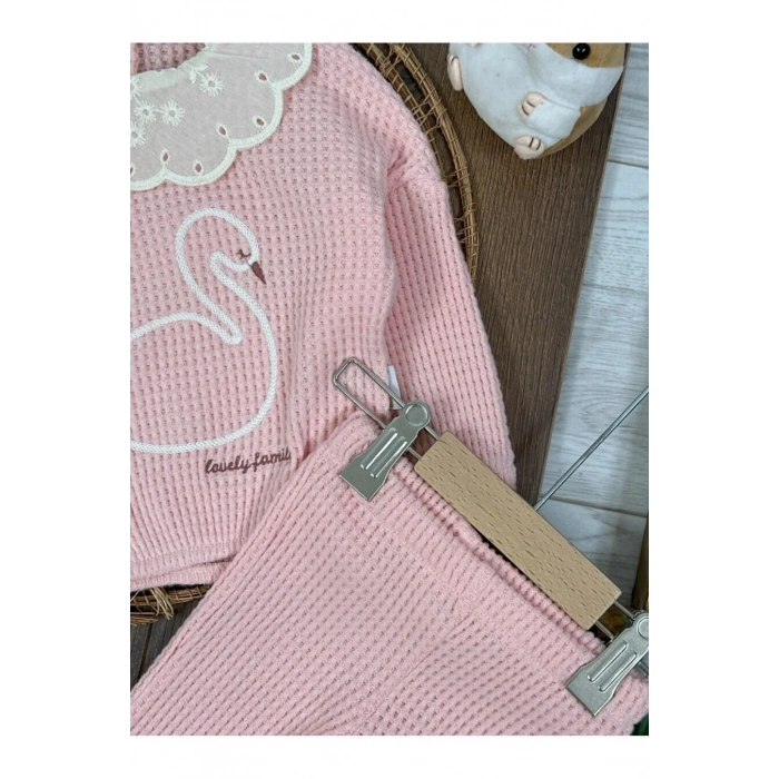 Triko Pudra pembe süzene nakışlı yaka güpürlü ispanyol paça pamuklu kız bebek takım