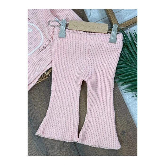 Triko Pudra pembe süzene nakışlı yaka güpürlü ispanyol paça pamuklu kız bebek takım