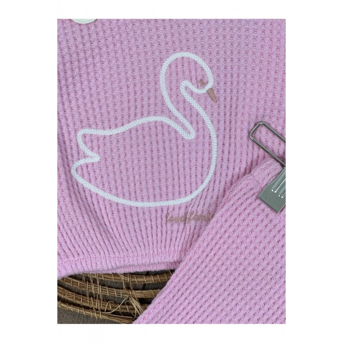 Triko Şeker Pembe Süzene nakışlı yaka güpürlü ispanyol paça pamuklu kız bebek takım