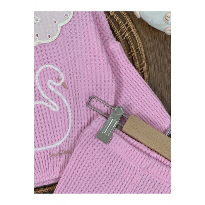 Triko Şeker Pembe Süzene nakışlı yaka güpürlü ispanyol paça pamuklu kız bebek takım