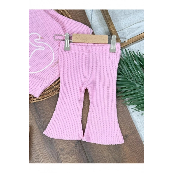 Triko Şeker Pembe Süzene nakışlı yaka güpürlü ispanyol paça pamuklu kız bebek takım