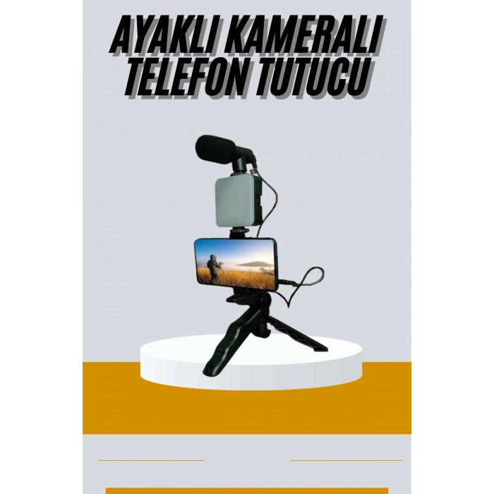 Tripod Telefon Tutucu Kumandalı Mikrofon Led Işık Vlog Video Kayıt