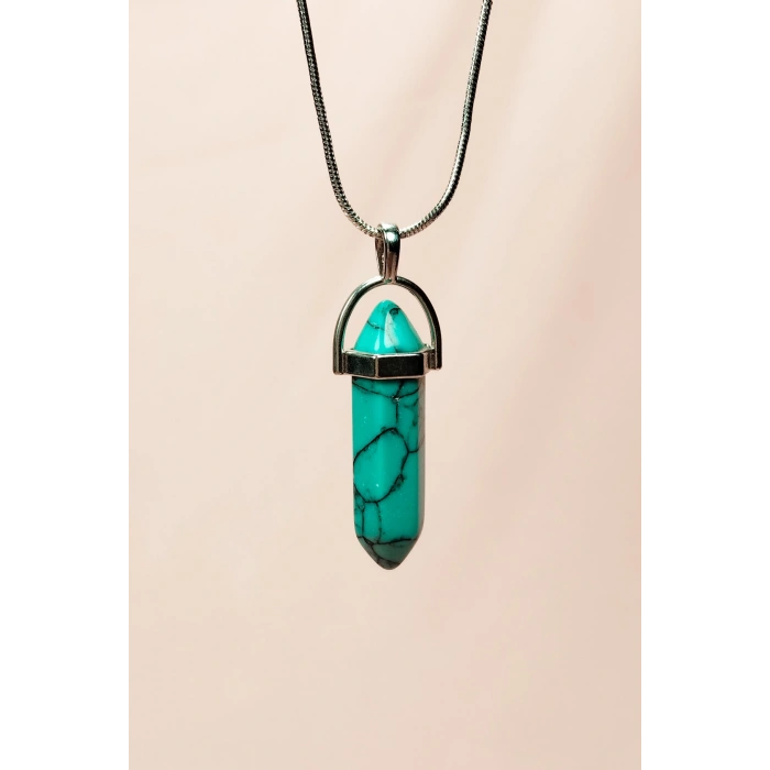 Turkuaz Doğal Taşı Zincirli El Yapımı Kolye Uç: 3 cm Zincir: 20 cm Kutulu