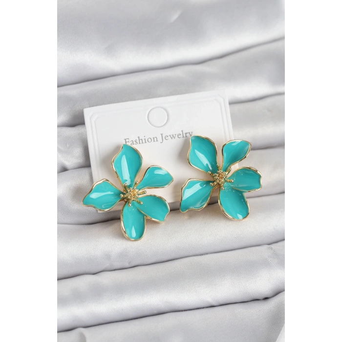 Turkuaz Mineli Çiçek Model Pirinç Kadın Küpe - TJ-BKP11724
