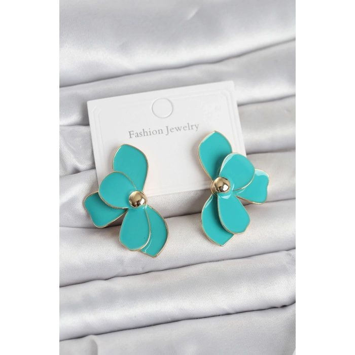 Turkuaz Mineli Lotus Model Pirinç Kadın Küpe - TJ-BKP11730