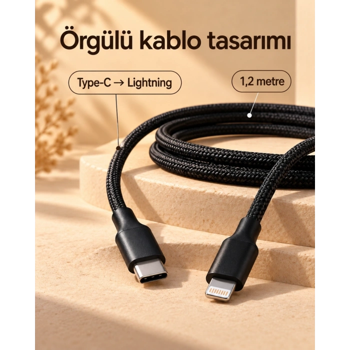 Type C Lightning Örgülü Şarj Ve Veri Kablosu 2 Metre