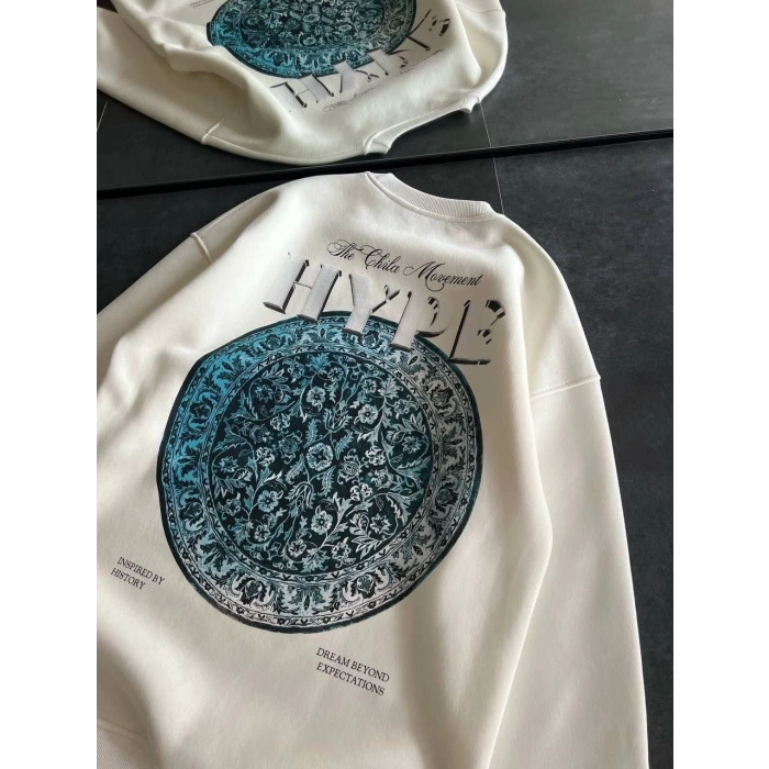 Üç İplik Bisiklet Yaka Baskılı SweatShirt - Beyaz -