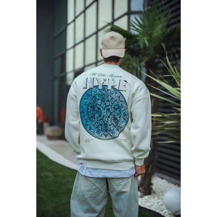 Üç İplik Bisiklet Yaka Baskılı SweatShirt - Beyaz -