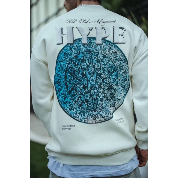 Üç İplik Bisiklet Yaka Baskılı SweatShirt - Beyaz -