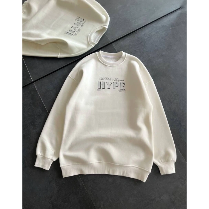 Üç İplik Bisiklet Yaka Baskılı SweatShirt - Beyaz -