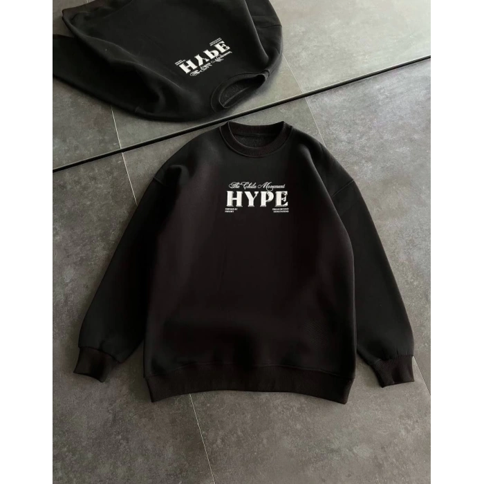 Üç İplik Bisiklet Yaka Baskılı SweatShirt - Siyah -