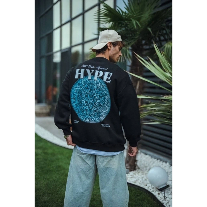 Üç İplik Bisiklet Yaka Baskılı SweatShirt - Siyah -