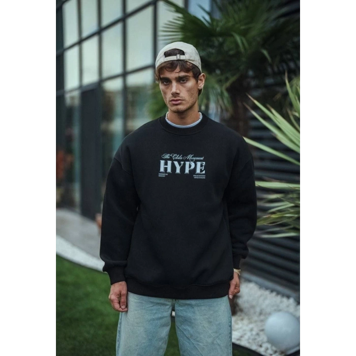 Üç İplik Bisiklet Yaka Baskılı SweatShirt - Siyah -