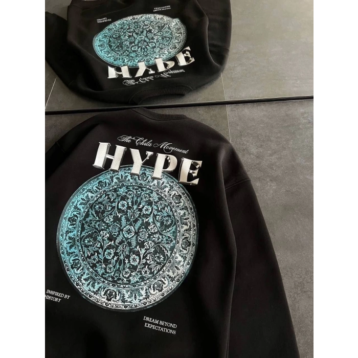 Üç İplik Bisiklet Yaka Baskılı SweatShirt - Siyah -