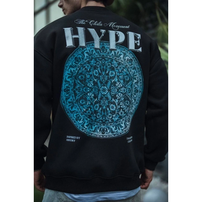 Üç İplik Bisiklet Yaka Baskılı SweatShirt - Siyah -