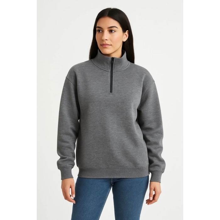Üç İplik Dık Yaka Yarım Fermuarlı SweatShirt - Antrasit -
