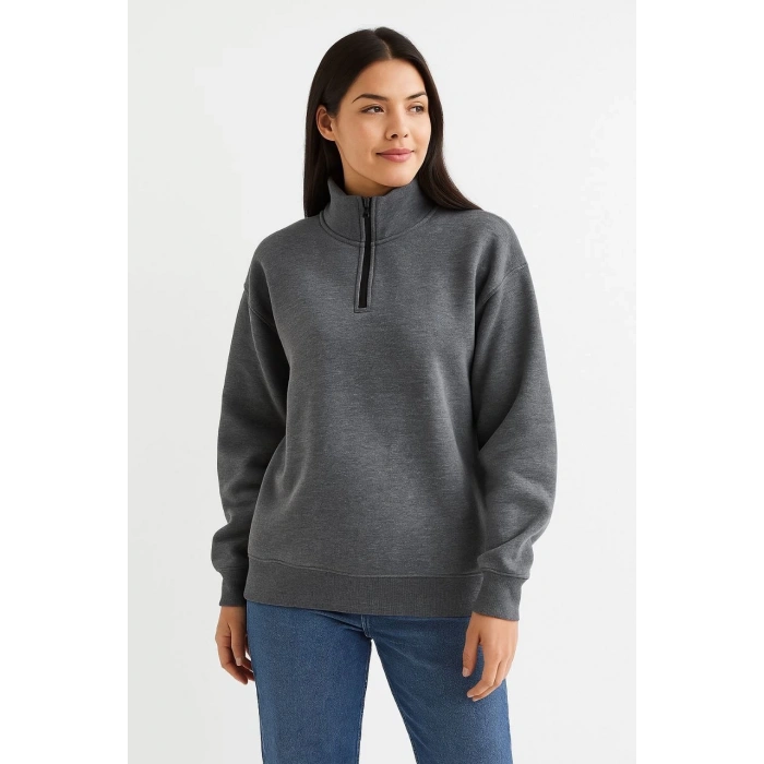 Üç İplik Dık Yaka Yarım Fermuarlı SweatShirt - Antrasit -