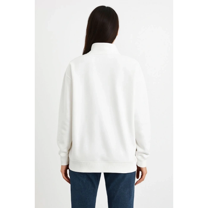Üç İplik Dık Yaka Yarım Fermuarlı SweatShirt - Beyaz -
