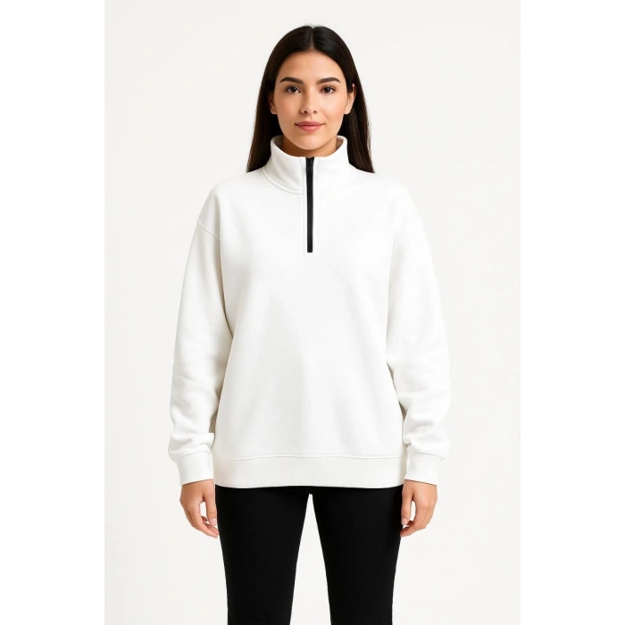 Üç İplik Dık Yaka Yarım Fermuarlı SweatShirt - Beyaz -