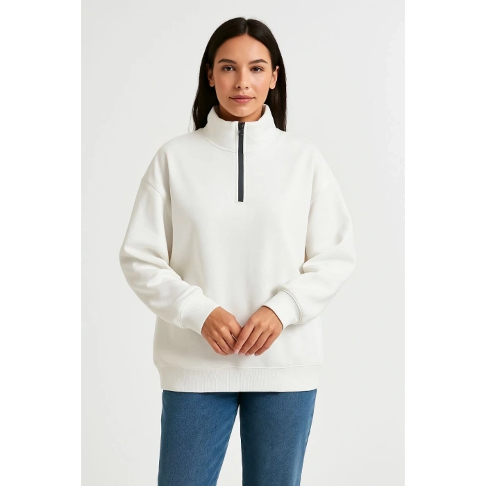 Üç İplik Dık Yaka Yarım Fermuarlı SweatShirt - Beyaz -