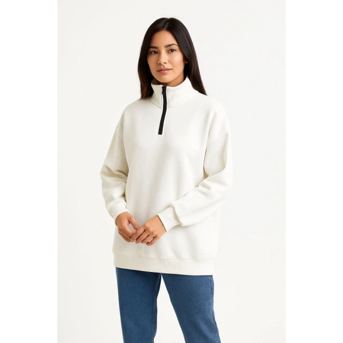 Üç İplik Dık Yaka Yarım Fermuarlı SweatShirt - Beyaz -