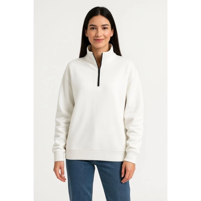 Üç İplik Dık Yaka Yarım Fermuarlı SweatShirt - Beyaz -
