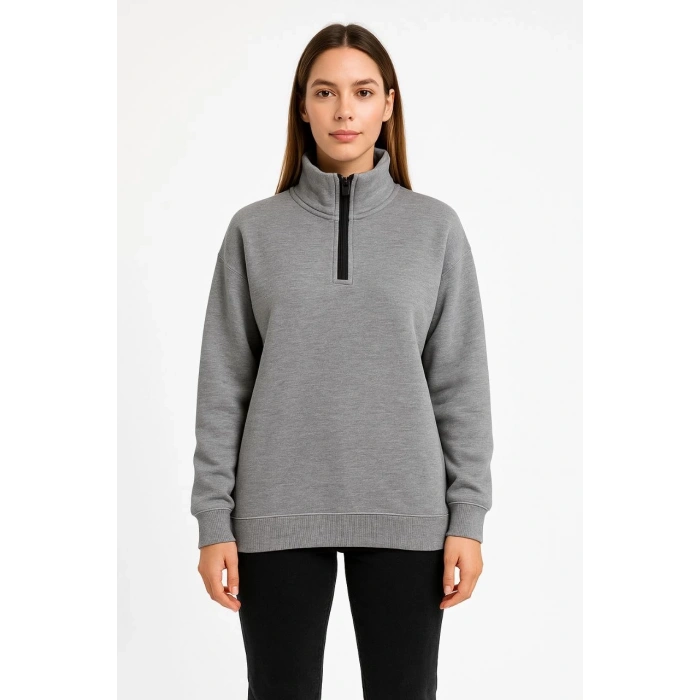 Üç İplik Dık Yaka Yarım Fermuarlı SweatShirt - Gri -