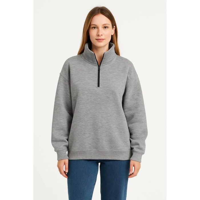 Üç İplik Dık Yaka Yarım Fermuarlı SweatShirt - Gri -