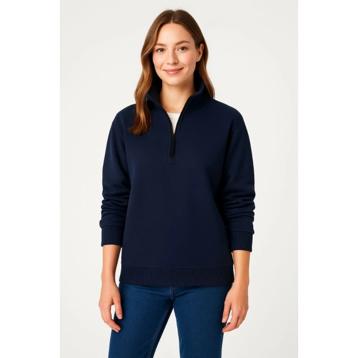 Üç İplik Dık Yaka Yarım Fermuarlı SweatShirt - Lacivert