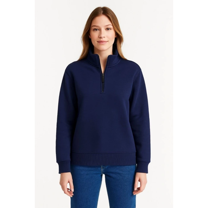 Üç İplik Dık Yaka Yarım Fermuarlı SweatShirt - Lacivert