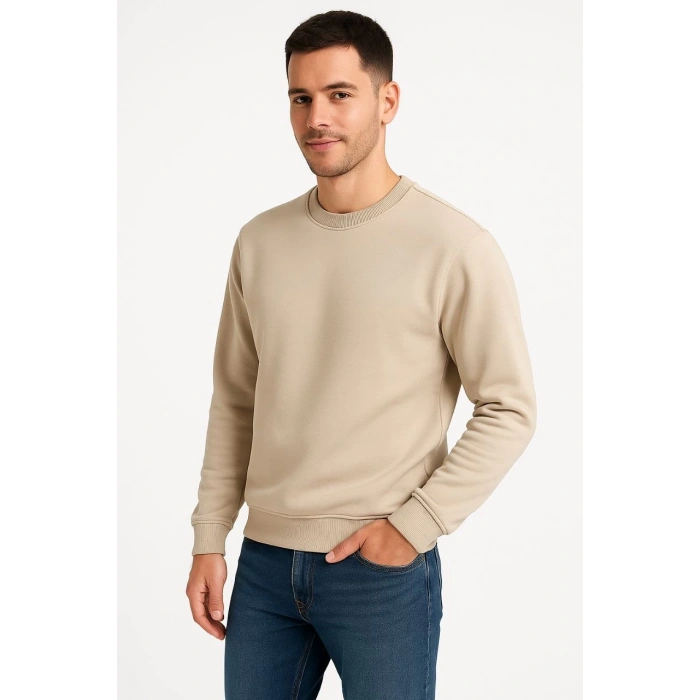 Üç İplik Düz Bisiklet Yaka SweatShirt - Bej -