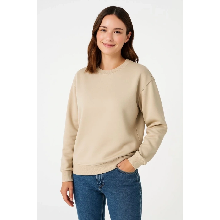 Üç İplik Düz Bisiklet Yaka SweatShirt - Bej -