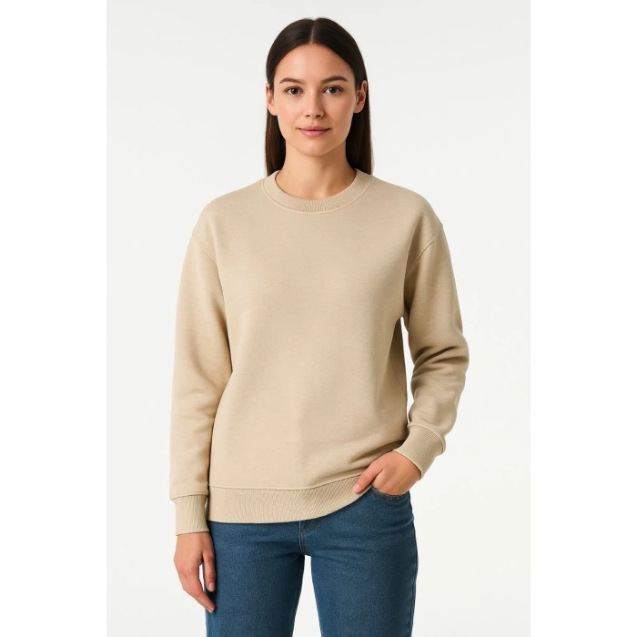 Üç İplik Düz Bisiklet Yaka SweatShirt - Bej -