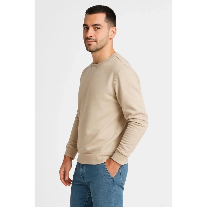 Üç İplik Düz Bisiklet Yaka SweatShirt - Bej -
