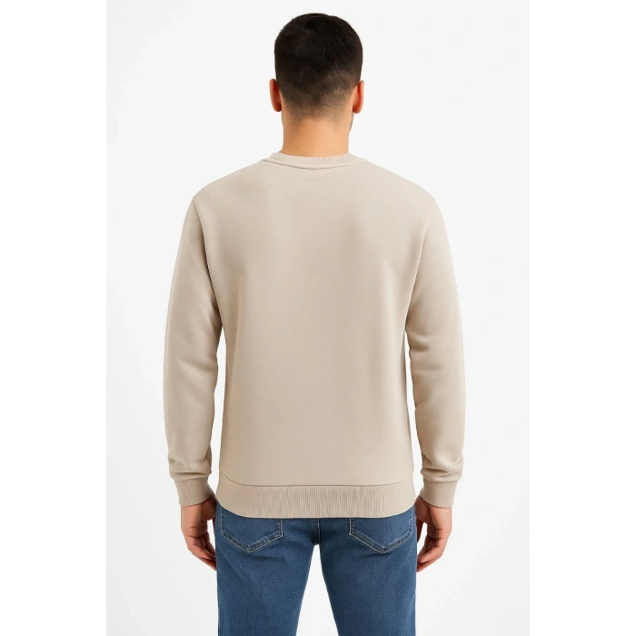 Üç İplik Düz Bisiklet Yaka SweatShirt - Bej -