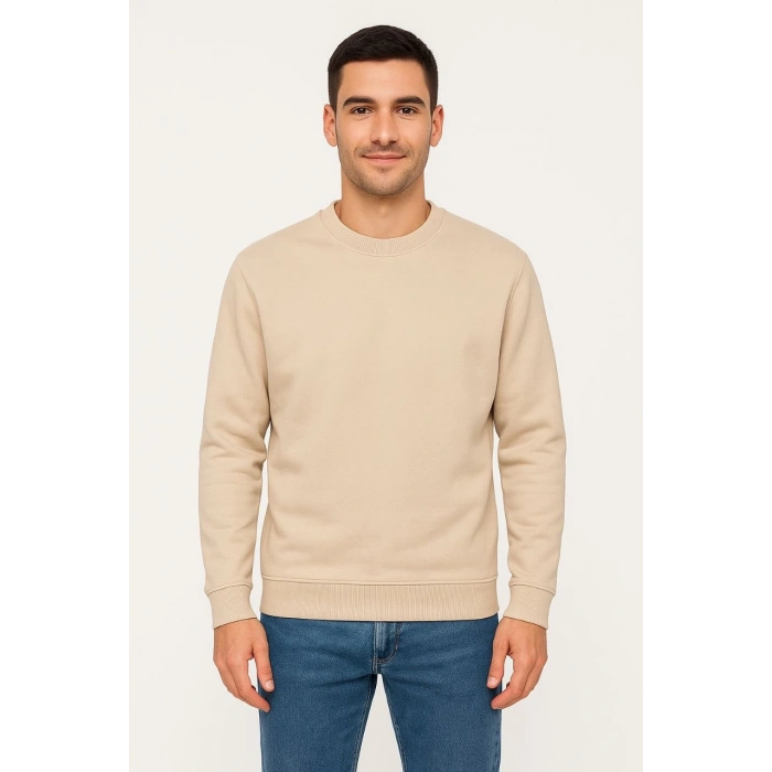 Üç İplik Düz Bisiklet Yaka SweatShirt - Bej -