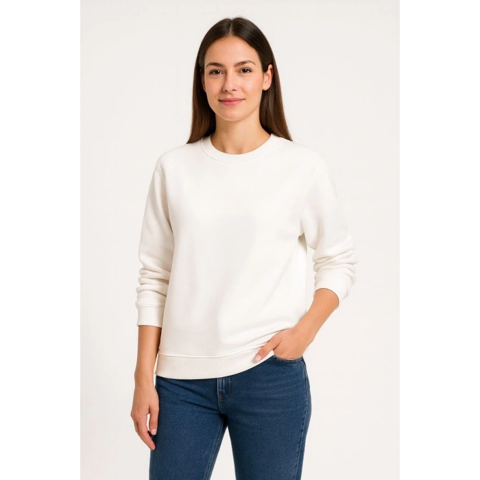 Üç İplik Düz Bisiklet Yaka SweatShirt - Beyaz -