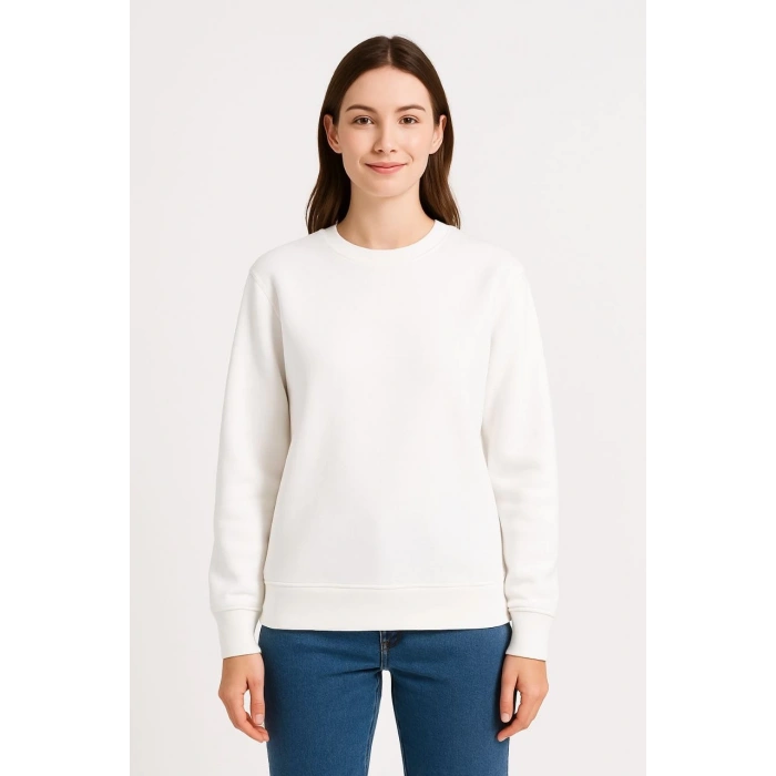 Üç İplik Düz Bisiklet Yaka SweatShirt - Beyaz -