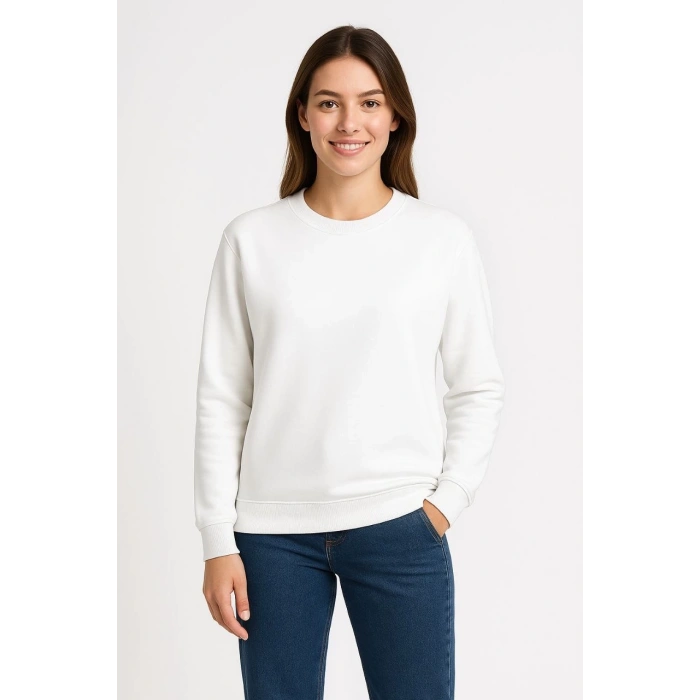 Üç İplik Düz Bisiklet Yaka SweatShirt - Beyaz -