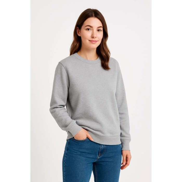 Üç İplik Düz Bisiklet Yaka SweatShirt - Gri -