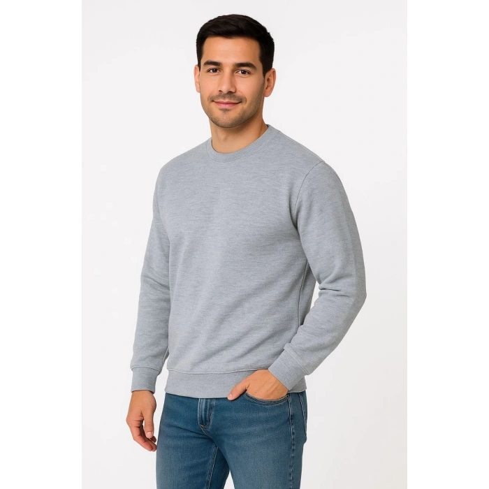 Üç İplik Düz Bisiklet Yaka SweatShirt - Gri -