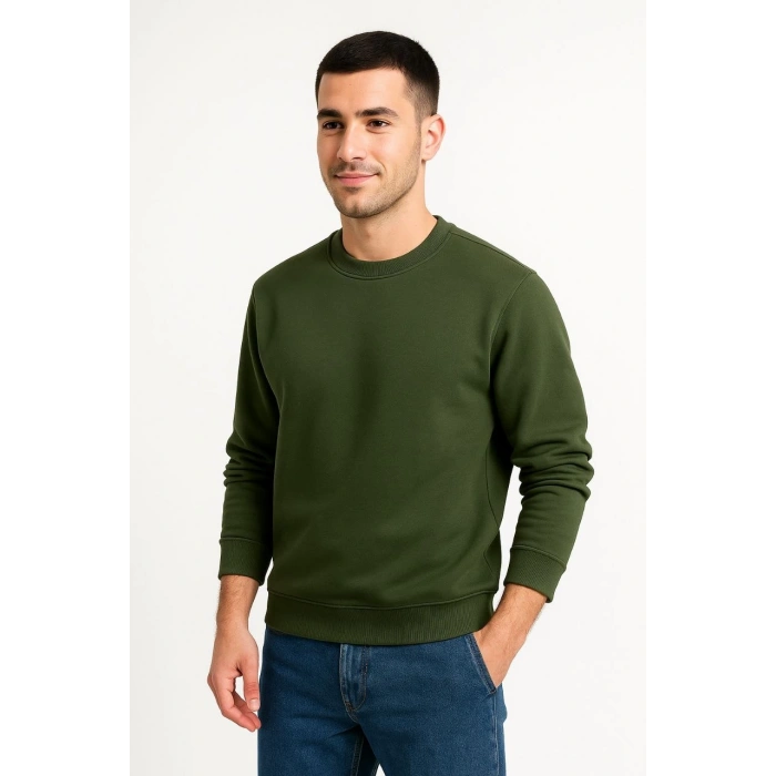 Üç İplik Düz Bisiklet Yaka SweatShirt - Haki