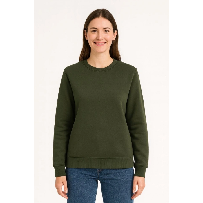 Üç İplik Düz Bisiklet Yaka SweatShirt - Haki