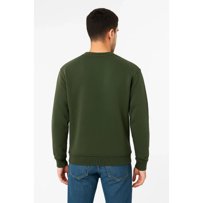 Üç İplik Düz Bisiklet Yaka SweatShirt - Haki