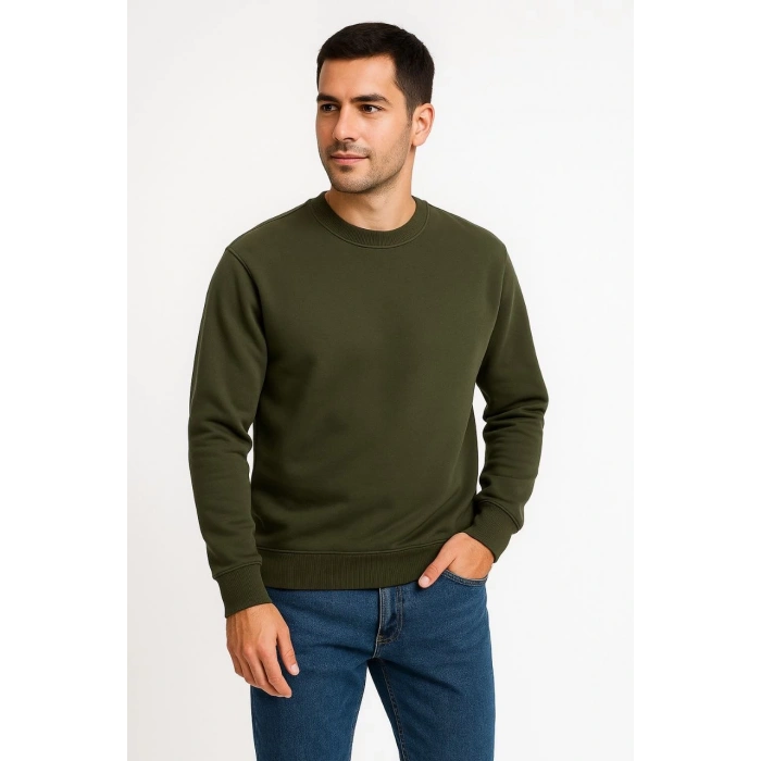Üç İplik Düz Bisiklet Yaka SweatShirt - Haki