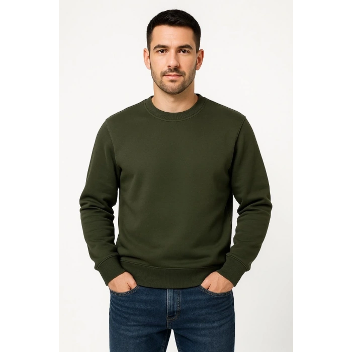 Üç İplik Düz Bisiklet Yaka SweatShirt - Haki