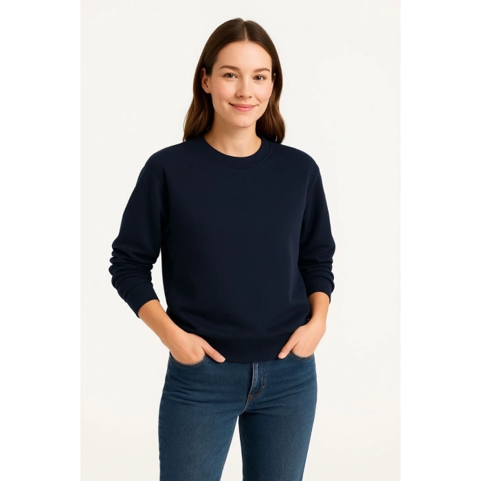 Üç İplik Düz Bisiklet Yaka SweatShirt - Lacivert